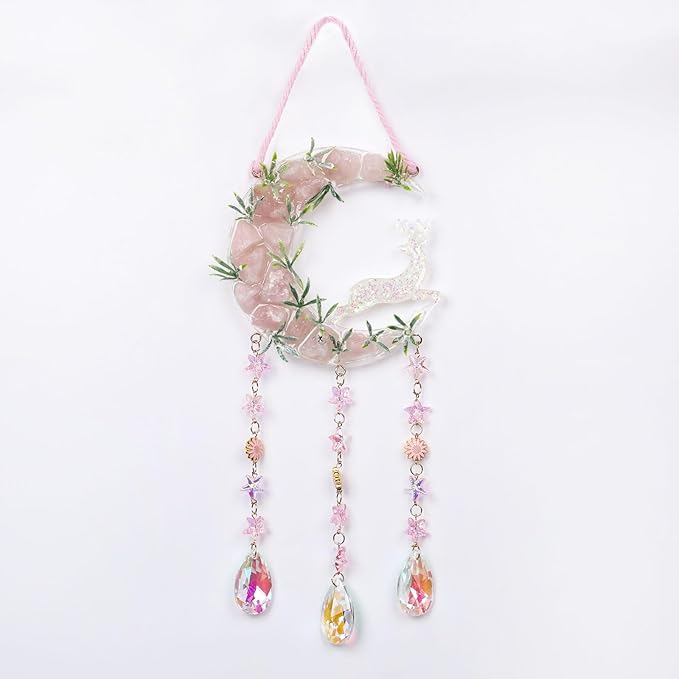 Fairy Pink Forest Deer Crystals Dream Catchers Christmas Gemstone Sun Catcher with Star&Flowers Ornament Handmade Dreamcatcher Wall Decor for Adults Boys Girls Bedroom Wedding Garden Bless Gift