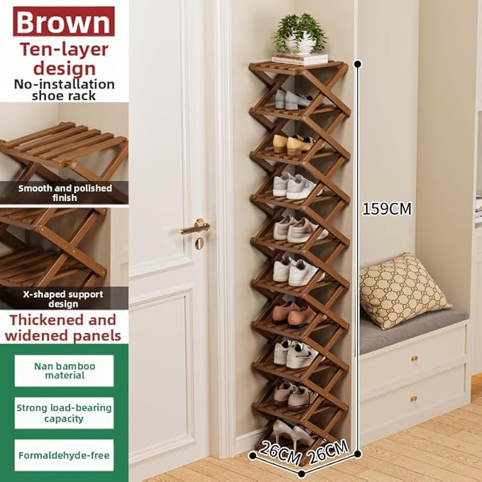 Bamboo Shoe Rack Organizer, 2-10 Tiers, Natural or Tea Color, No-Tool Assembly, Foldable Storage Shelf (No Installation 10 Layer 30-Brown)