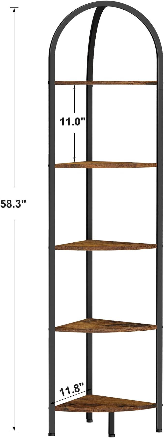 Homhedy 5-Tier Arched Corner Shelf Stand, Wall Corner Bookshelf with Metal Frame, Plant Stand, Industrial Storage Rack Shelf for Living Room, Bedroom, Office, Bathroom, Rustic Brown and Black