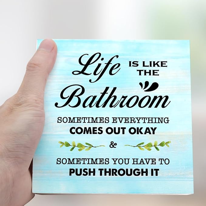 Blue Life is Like The Bathroom Wooden Box Sign Desk Decor,Funny Bathroom Wood Block Sign for Farmhouse Toilet Shelf Decor