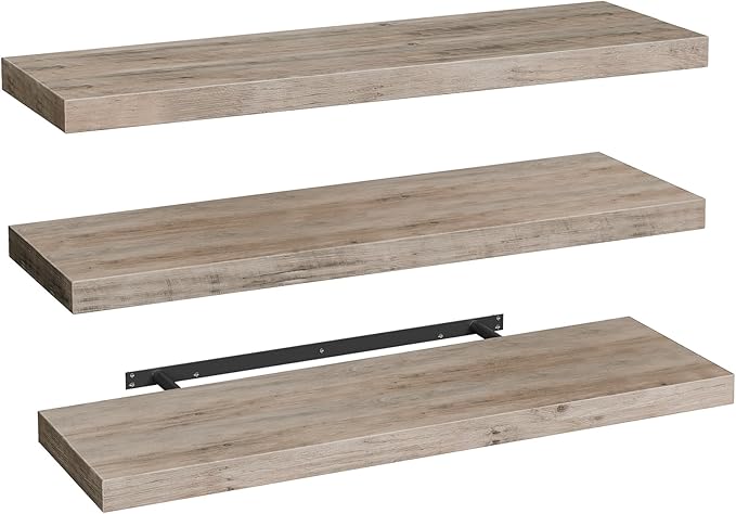 RALGEND Floating Shelves for Wall, 47.2" Large Grey Wall Shelf Set of 3 with Invisible Brackets, 1.5" Thick Hanging Book Shelves Farmhouse Decor for Bathroom, Living Room, Bedroom, Greige 12301BJP3BG