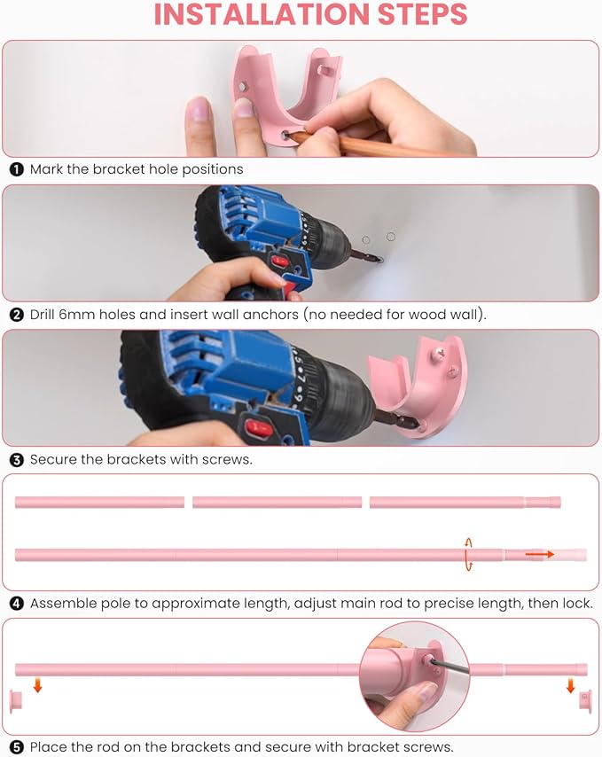 Closet Rods for Hanging Clothes, 17 to 54 Inches Stepless Adjustable Metal Closet Rod, 1.3 Inches Heavy Duty Clothes Hanging Rod for Closet Wardrobes Laundry RV, Pink