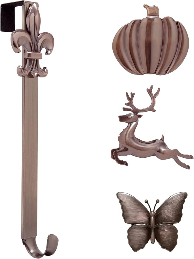 Haute Decor Adapt Adjustable Length Door Wreath Hanger with Interchangeable Icons (Oil-Rubbed Bronze-Reindeer/Pumpkin/Butterfly/Fleur de lis) - 4 Wreath Hangers in 1