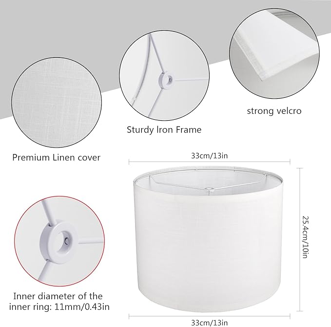 White Lamp shade, Drum Lamp Shade for Table Lamps Floor Lamp, 13" Top X 13" Bottom X 10" High White Large Line Fabric Lamp Shade, Easy Assembly Replacement Lampshade