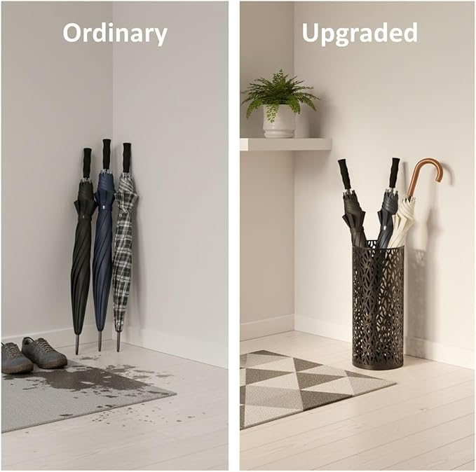 Black Metal Floral Umbrella Stand, 16.5 in Tall Lightweight Umbrella Holder, Cutout Design, Versatile Entryway Storage, Home & Office
