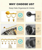 Viklluyr Hat Organizer for Baseball Caps Hat Rack with 20 Hooks - Sturdy Metal Hat Storage Wall Mounted Caps Hanger Set of 2 for Closet Door Bedroom Entryway Laundry(Gold)