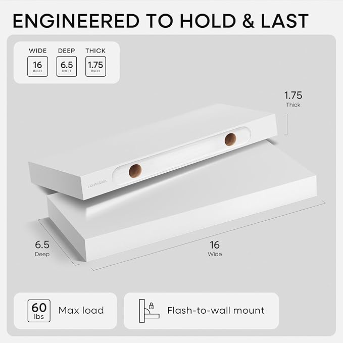 Homeforia White Floating Shelves 16 inch, High End Solid Real Wood 16inch Bathroom Floating Shelf for Wall Mounted, White Wooden 16 Floating Shelves, Heavy Duty Bracket, 16 X 6.5 X 1.75 inch, Set of 4