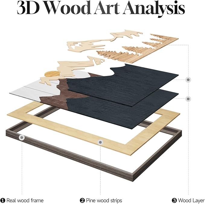 Framed 3D Wood Mountain Textured Wall Art for Living Room, 3 Piece Farmhouse Modern Wood Artwork for Walls, Landscape Mountain Forest Sun Wall Art Decor for Home Office Bedroom Hallway, 16x24 Inch