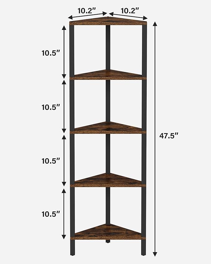 TUTOTAK Corner Shelf, 5-Tier Corner Bookshelf for Small Space, Narrow Display Corner Shelf Stand with Storage Rack, for Living Room, Bedroom, Rustic Brown BS05BB005