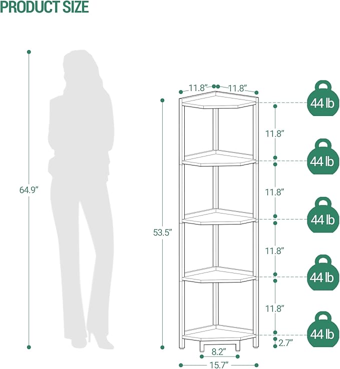 Hzuaneri Corner Shelf Stand, Corner Bookshelf, Storage Standing Shelf Unit with Metal Frame, Plant Stand, Bookcase for Living Room, Home Office, Bedroom, 5-Tier White Gold CS05903A