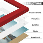 Vittanly 11x14 Picture Frames Set of 9, Shatter Resistant Plexiglass, Display 8x10 Pictures with Mat or 11x14 without Mat, Photo Frames for Wall or Tabletop, Engineered Wood, Red