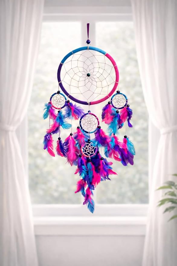 OMA Large Dream Catcher Wall Decor – Tie Dye Dream Catcher with Purple, Turquoise & Pink Feathers for Bedroom, Living Room, Dorms & Gift, Size - 9” x 30”