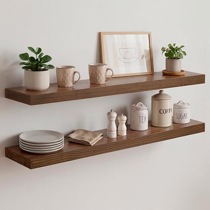 Homeforia Classic Walnut 30 inch Floating Shelf, High End Solid Real Wood Small 30inch Floating Shelves for Wall Mounted, 30in Floating Shelves, Heavy Duty Bracket, 30 X 6.5 X 1.75 inches, Set of 4