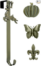 Haute Decor Adapt Adjustable Length Wreath Hanger with Interchangeable Icons (4 Wreath Hangers in 1) (Antique Brass-Reindeer/Pumpkin/Butterfly/Fleur de lis)