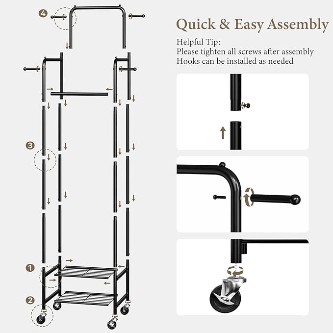 Chrislley Clothes Rack with Wheels, 71" Portable Clothing Rack with 2 Shelves and 4 Hooks, Small Rolling Garment Rack, 4 Hanging Rods Metal Coat Rack for Bedroom, Apartment, Entryway, Black