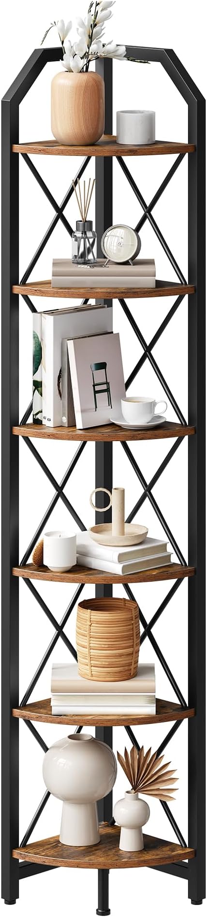 CHOEZON 6-Tier Corner Shelf, Industrial Corner Bookshelf, 71.2" Corner Storage Stand, Plant Stand Display Shelf, Corner Bookcase for Bedroom, Living Room, Home Office, Rustic Brown and Black TCJ11BF