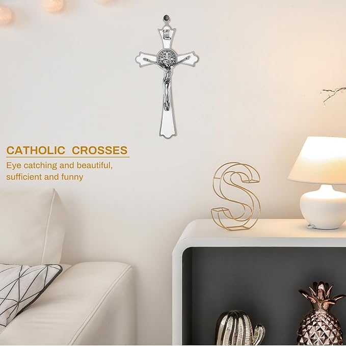 Leinuosen 6 Pcs Crucifix Wall Cross 8 Inch Saint Benedict Enamel Crucifix Metal Sacred Catholic Cross Saint Benedict Metal Wall Art for Spiritual Faith Gift Blessing Baptism Rosary Holy Decor