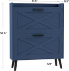 32" W Farmhouse Shoe Storage Cabinet with 2 Flip Drawers and Barn Door Design, Adjustable Shelves, Modern Hidden Slim Narrow Shoe Rack Cabinet for Entryway, Foyer, Hallway, Living Room, Blue