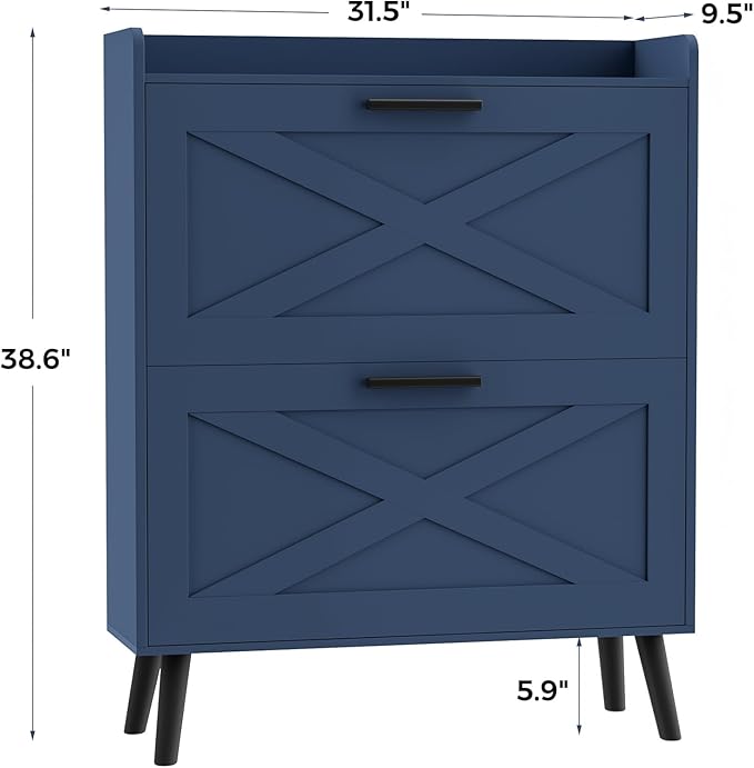 32" W Farmhouse Shoe Storage Cabinet with 2 Flip Drawers and Barn Door Design, Adjustable Shelves, Modern Hidden Slim Narrow Shoe Rack Cabinet for Entryway, Foyer, Hallway, Living Room, Blue