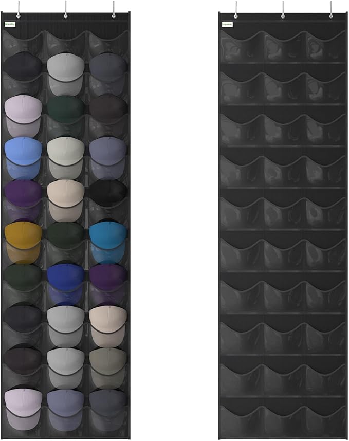 Unjumbly Baseball Hat Rack, 30 Pocket Over-The-Door Hat Organizer with Clear Deep Pockets to Display Baseball Caps Collection, Complete with 3 Over Door Hooks (Black, 30 Pockets)