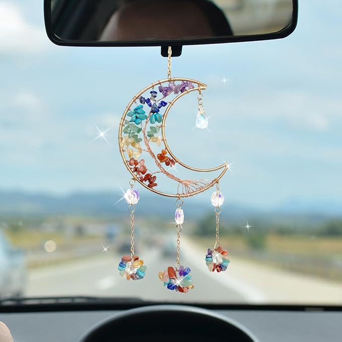Colorful Moon Car Pendant, Sun Catcher Crystal Stone Craft, Dream Catcher Car Rear View Mirror Charm, Car Hanging Decorative Accessories, Car Interior Ornament for Room Window Wall