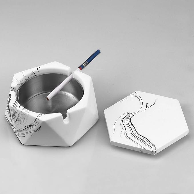 FREELOVE Concrete Ashtray with Lid & Stainless Steel Ashtrays for Cigarettes, Cement Ash Tray Smoking Holder Indoor Smokeless Outdoor Windproof Patio Home Office Cool Decor(White Marble, Small)