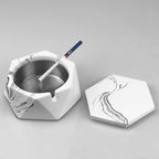 FREELOVE Concrete Ashtray with Lid & Stainless Steel Ashtrays for Cigarettes, Cement Ash Tray Smoking Holder Indoor Smokeless Outdoor Windproof Patio Home Office Cool Decor(White Marble, Small)