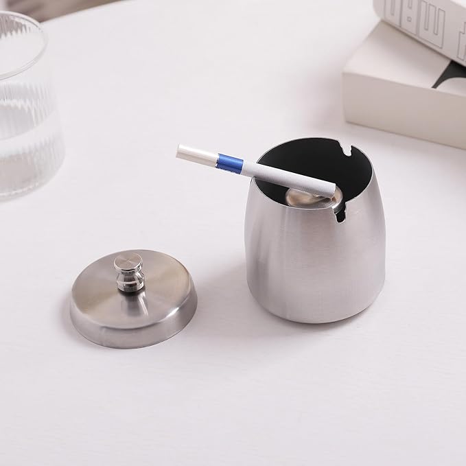 Small Ashtray with Lid for Cigarette, Stainless Steel Smokeless Odorless Windproof Ashtrays for Home Office Tabletop Outside Patio Outdoor Balcony(2.99"x2.68"x2.95")