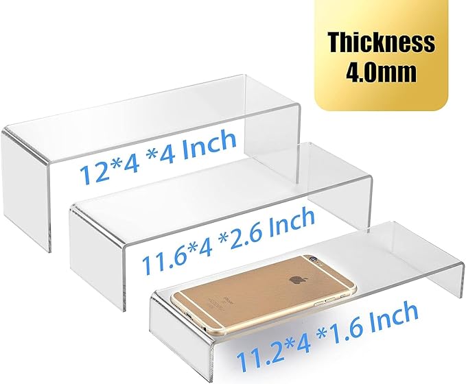 ANDGOO 12 Pack Large Acrylic Risers, 4 Set(11.2”L~11.6”L~12”L) Clear Rectangular Stands for Display, Tiered Acrylic Shelves for Decor, Collectibles, Dessert Table, Retail Display Shelf Showcases