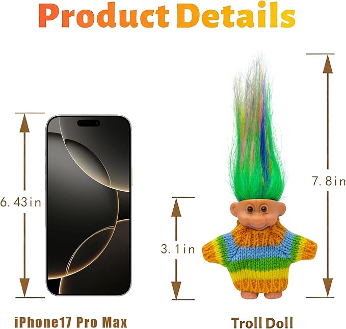 Retro Vintage Lucky Troll Dolls Assorted Hair Colors Chromatic Adorable for Collections, School Project, Arts and Crafts, Party Favors (Colorful)
