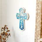 OKSQW 11" Wall Cross Handmade White Wood & Blue Iron Christians Spiritual Religious Cross with Hook Christmas Wall Hanging Cross with Blessed Design Crucifix Gift for Church Home Room Decor