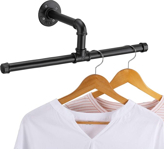 Elibbren Industrial Pipe Floating Clothing Rack Wall Mounted, Commercial or Residential Wardrobe Clothes Display, Heavy Duty Rustic Vintage Steel Black Metal Garment Bracket Frame, 1 Pack