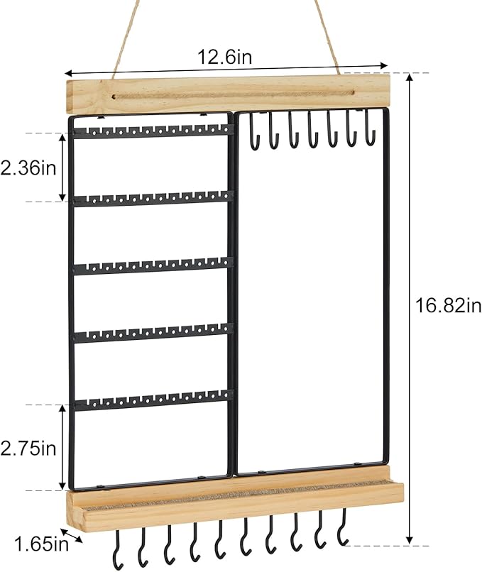 Hanging Jewelry Organizer, 5-Tier Wall Earring Holder with Wooden Ring Groove, Jewelry Rack Wall Mounted for Earrings, Necklaces, Bracelets and Rings, Jewelry Holder Stand, Black