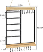 Hanging Jewelry Organizer, 5-Tier Wall Earring Holder with Wooden Ring Groove, Jewelry Rack Wall Mounted for Earrings, Necklaces, Bracelets and Rings, Jewelry Holder Stand, Black