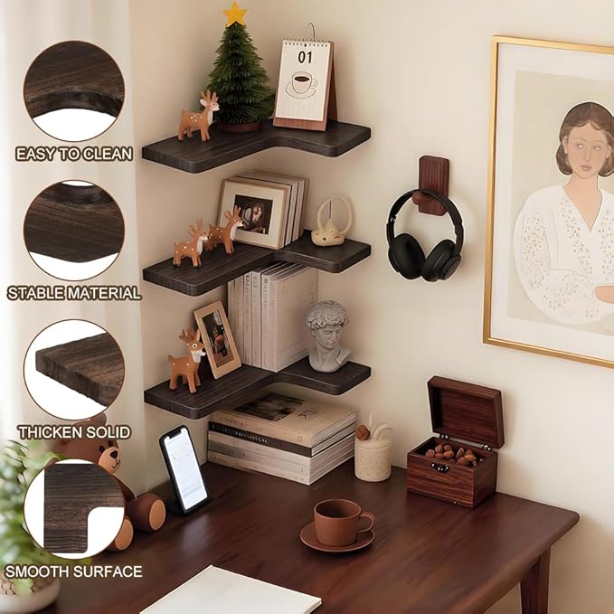 Floating Corner Shelves Set of 3, Solid Wood Picture Wall Shelf, Floating Shelves for Storage for Bedroom Kitchen Bathroom Living Room (Burnt)
