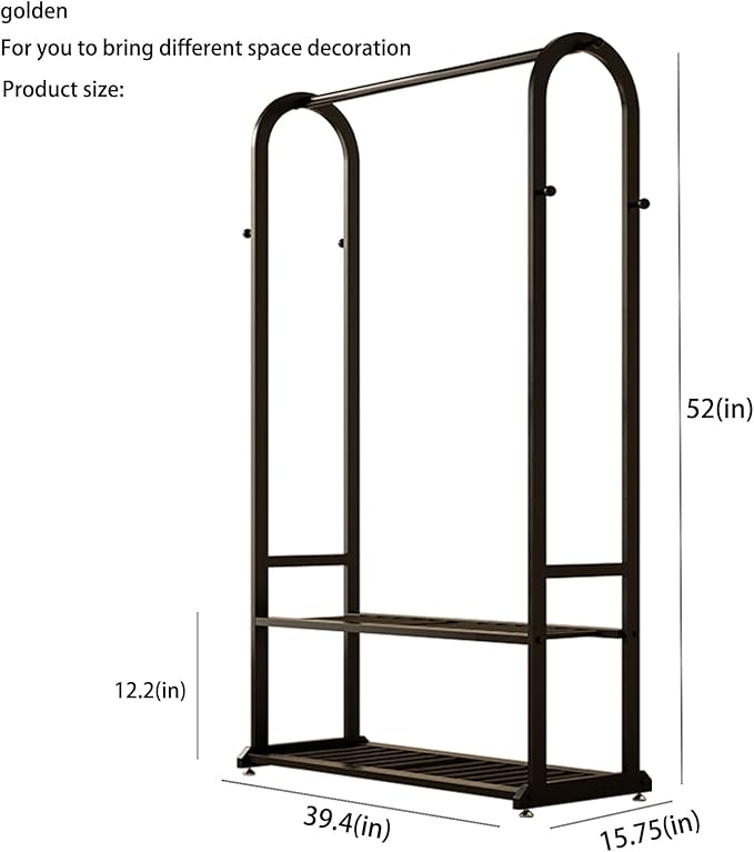 Sturdy metal clothes rack,Black freestanding clothing rack with bottom shelves and 6 side hooks,garment rack for hanging clothes,Modern wardrobe rack for Bedroom or cloakrooms