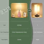 Small Bedside Table Lamp for Bedroom-Reading Desk Lamp Set of 2,with 3 Color Temperatures,15.5" Nightstand Ceramic Lamp with Fabric Shade for Kids Room,Living Room,Dorm,Home Office(Pink+White)