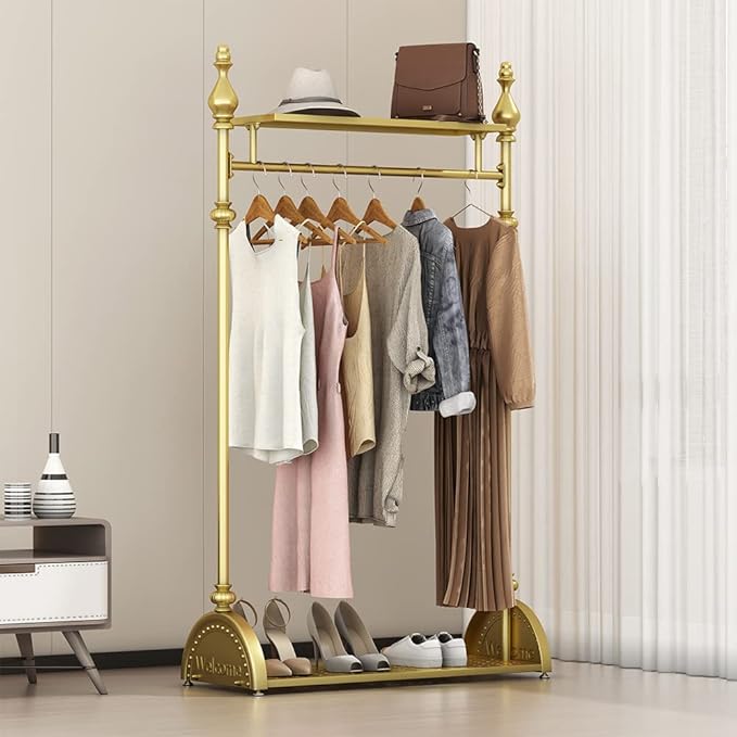Clothing Rack Gold, Industrial Clothes Rack for hanging Clothes with Double Shelves Freestanding Multi-functional Heavy Duty Garment Rack, Metal Movable Coat Rack for Organizing Clothes Shoes