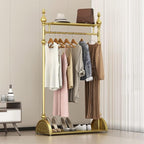 Clothing Rack Gold, Industrial Clothes Rack for hanging Clothes with Double Shelves Freestanding Multi-functional Heavy Duty Garment Rack, Metal Movable Coat Rack for Organizing Clothes Shoes