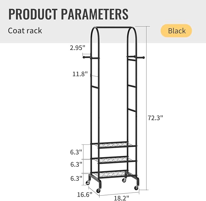 Garment Rack with Wheels,Small Metal Coat Rack With 4 Hooks,Freestanding Heavy Duty Clothing Rack with Shoe Shelves,Hanging Rod for Small Space,Bedroom,Entryway, Office, Living Room (Black)