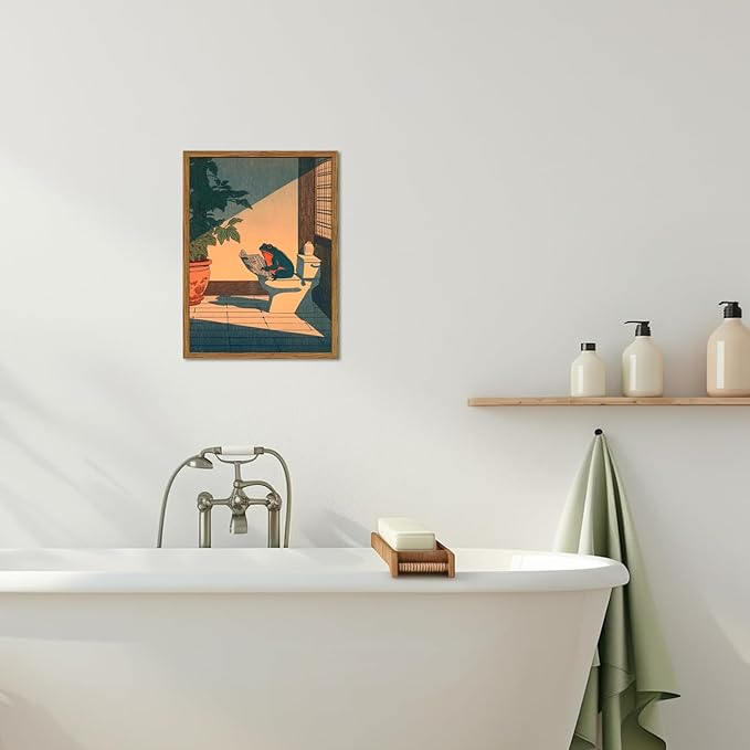 Funny Frog Bathroom Wall Art, Cute Japanese Frog in Toilet Wall Decor, Whimsical Green Animal Restroom Poster Canvas Painting Prints Artwork 16x24 inch Framed