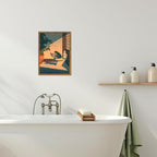 Funny Frog Bathroom Wall Art, Cute Japanese Frog in Toilet Wall Decor, Whimsical Green Animal Restroom Poster Canvas Painting Prints Artwork 16x24 inch Framed