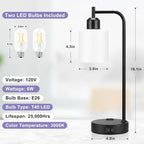 Industrial Touch Bedside Lamps for Bedrooms Set of 2 - 3-Way Dimmable Nightstand Lamps with USB C+A Ports and Outlet, Table Lamps with Opal Glass Shade for Living Room, Desk Lamps for Home Office