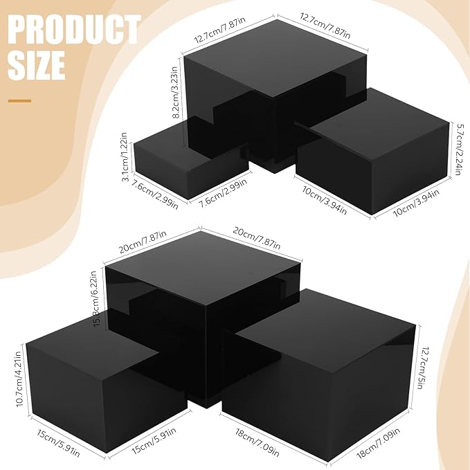 Geelin 6 Pack Acrylic Risers for Display Acrylic Cube Boxes Risers Display Stands with Hollow Bottoms Decorative Stand for Jewelry Candy Table Decor 6 Sizes(Black,3 to 8 Inch,Square)