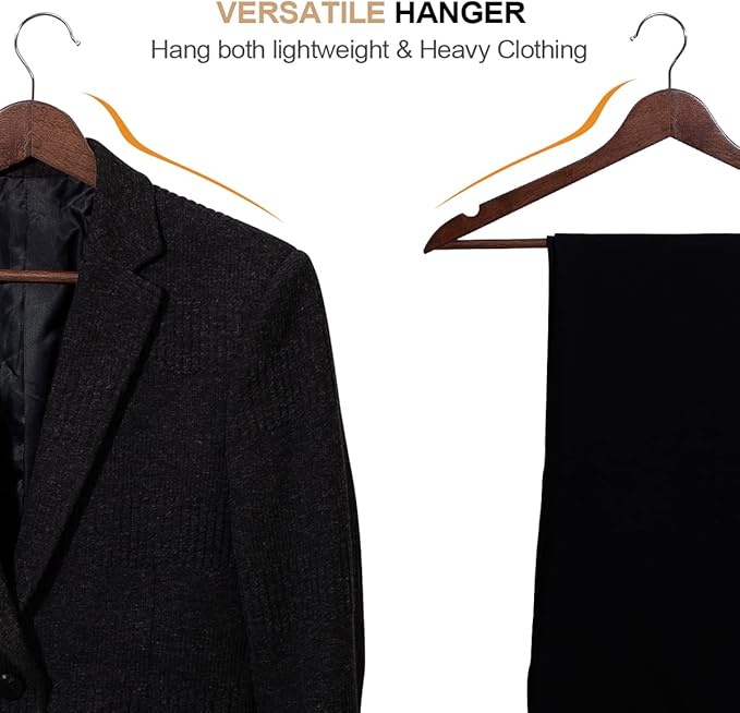 ELONG HOME Solid Wooden Hangers 20 Pack, Wood Suit Hangers with Extra Smooth Finish, Precisely Cut Notches and Chrome Swivel Hook, Wooden Clothes Hangers for Shirt Coat Jacket Dress