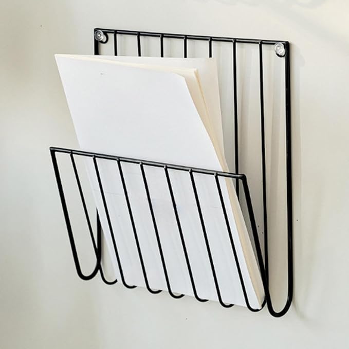 Black Wall Mounted Magazine Rack And File Holder – A Sturdy Iron Organizer For Mail, Letters, Folders, And Papers – Decorative For Home Office Or Study Room