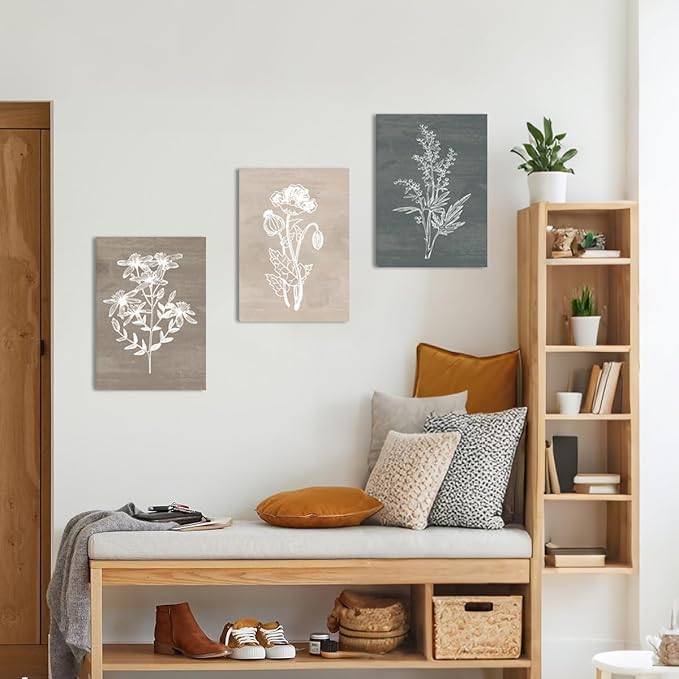 BINCUE Neutral Botanical Plant Canvas 6 Pieces Wall Art Rustic Wall Decor Farmhouse Wall Paintings Botanical Prints Simple Plants Wall Pictures Minimalist Flower Decor for Living Room Bedroom Bathroom Office Dining Room 12"x 16"