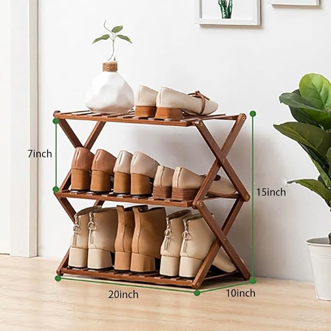 Bamboo Shoe Rack,Portable Folding Shoe Storage Rack,Without Installation Shoe Organizer for Corridors, Bedrooms and Other Spaces (3 Tier)