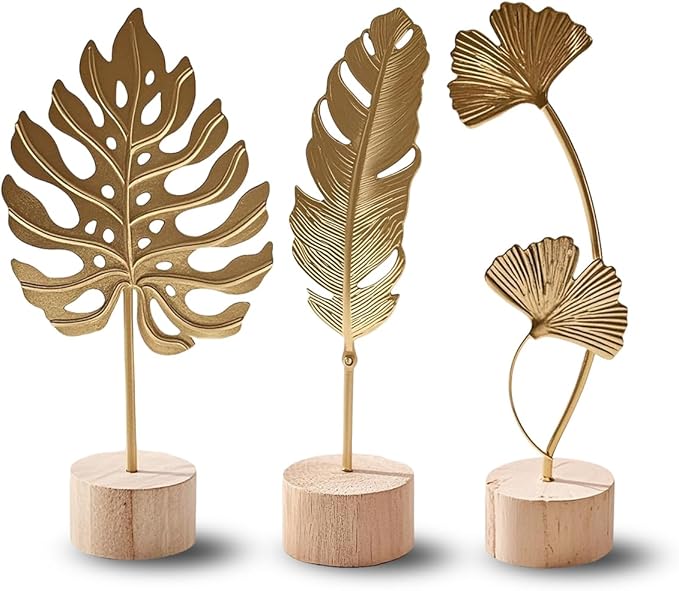 Gold Leaf Home Decor Set - Metal Leaves Statues, Modern Artistic Sculptures for Living Room, Office, Shelf & Home Decorative, Handmade 3D Botanical Accents (Monstera, Feather, Ginkgo, 3PCS)