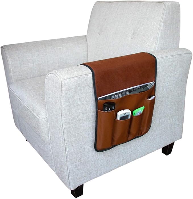 5 Pockets TV Remote Control Holder Couch Sofa Tray Armrest Organiser Oxford Chair Couch Caddy Sofa Armrest Bag Bedside Storage Hanging Organiser for Magazine Books Snack Mobile DVD Cellphone (PU-A)